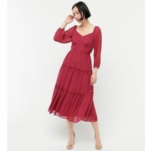 J.Crew Berry Red Swiss Dot Long Sleeve Tiered Midi Dress Size 14
